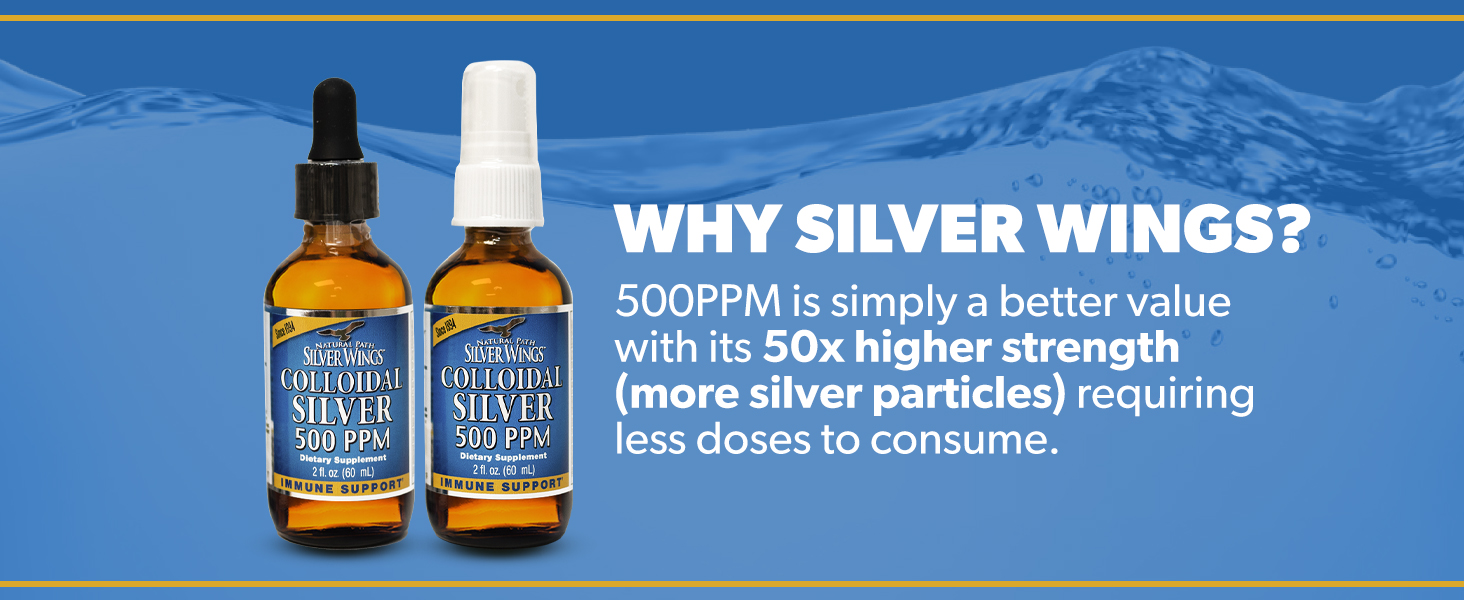 Natural Path Silver Wings Colloidal Silver 500ppm (2,500mcg) Immune Support Supplement 32 fl. oz.