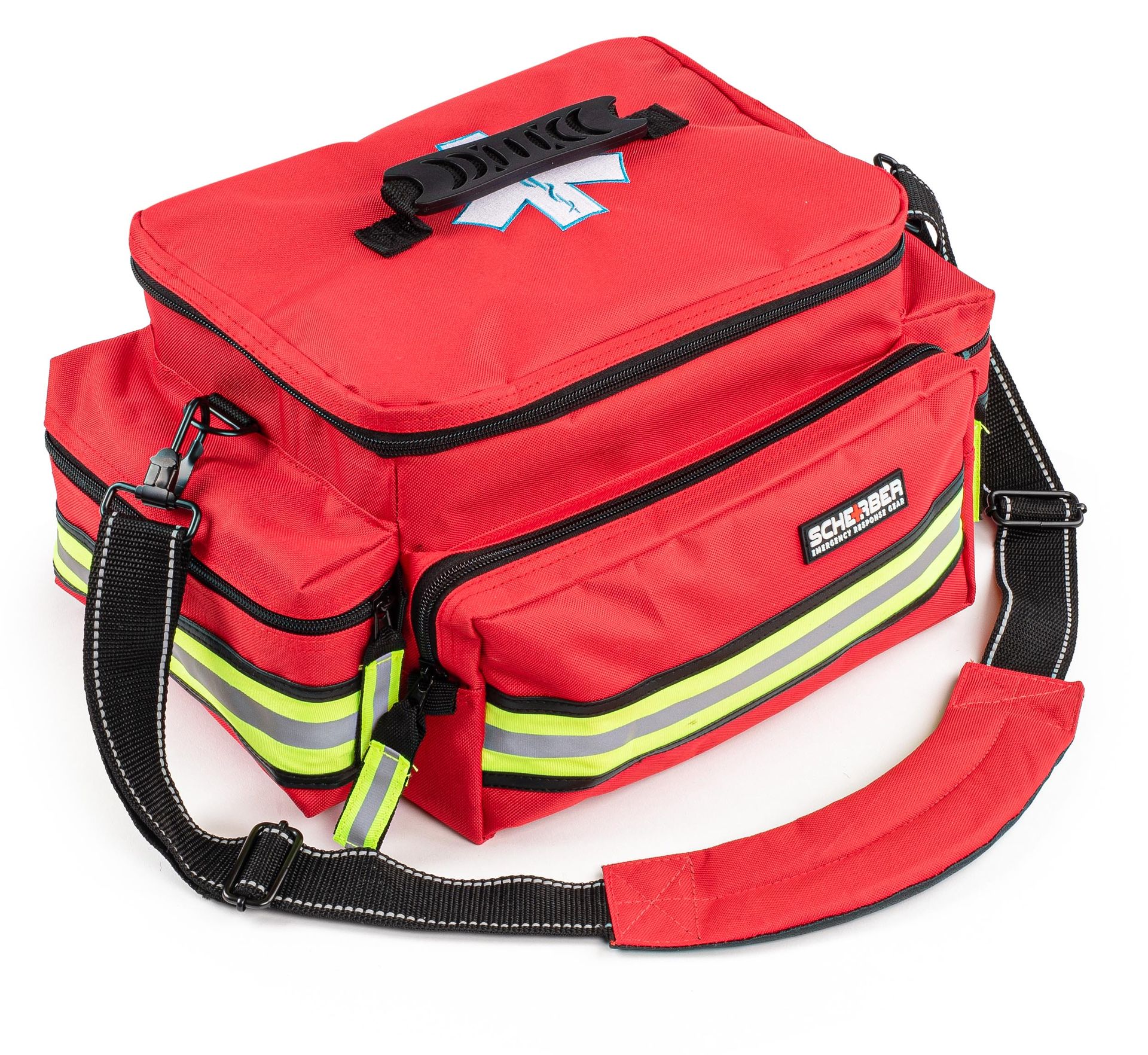 Scherber First Responder Fully-Stocked Professional Essentials EMT/EMS Trauma Kit | HSA/FSA Approved | Reflective Bag w/8 Zippered Pockets & Compartments & 200+ First Aid Supplies - Red