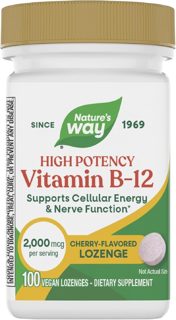 Nature’s Way Vitamin B-12 Lozenges, 2,000 mcg Vitamin B12 per Lozenge, Supports Cellular Energy & Nerve Function*, No Gluten, Vegan, Cherry Flavored, 100 Count (Packaging May Vary) 2