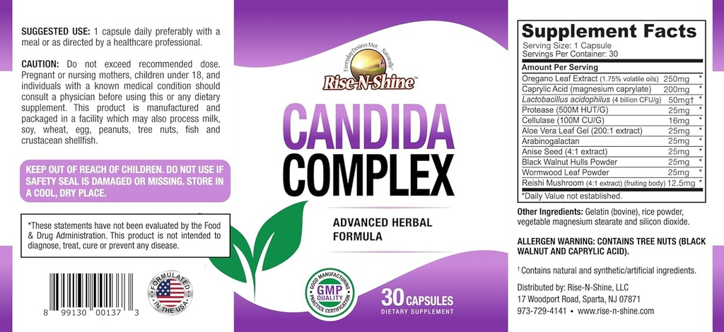 Rise-N-Shine Candida Complex Capsules Support for Normal Candida Levels with Oregano, Caprylic Acid, Reishi Mushrooms and More 30 Count 4