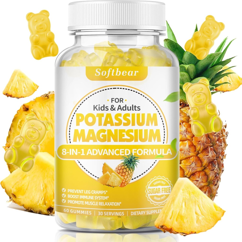 softbear Potassium Gummies for Adults, Sugar-Free Potassium Magnesium Supplement with Vitamin B6 CoQ10 for Leg Cramps Muscle Health Vegan Pineapple Flavor 60 Gummies 2