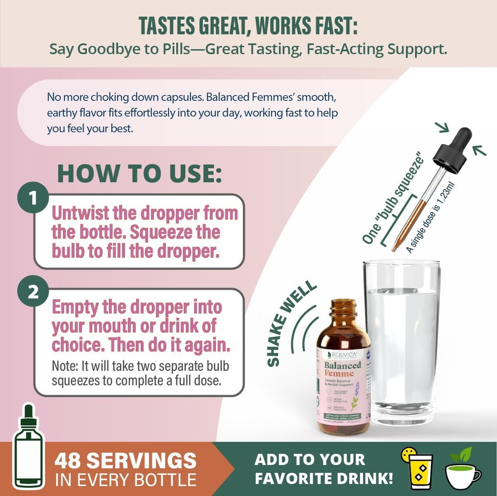 Rejuvica Health Balanced Femme - Menopause Support for Hot Flashes & Female Balance - Liquid Delivery for Better Absorption - Black Cohosh, Dong Quai, Vitex, Maca Root & More! 6