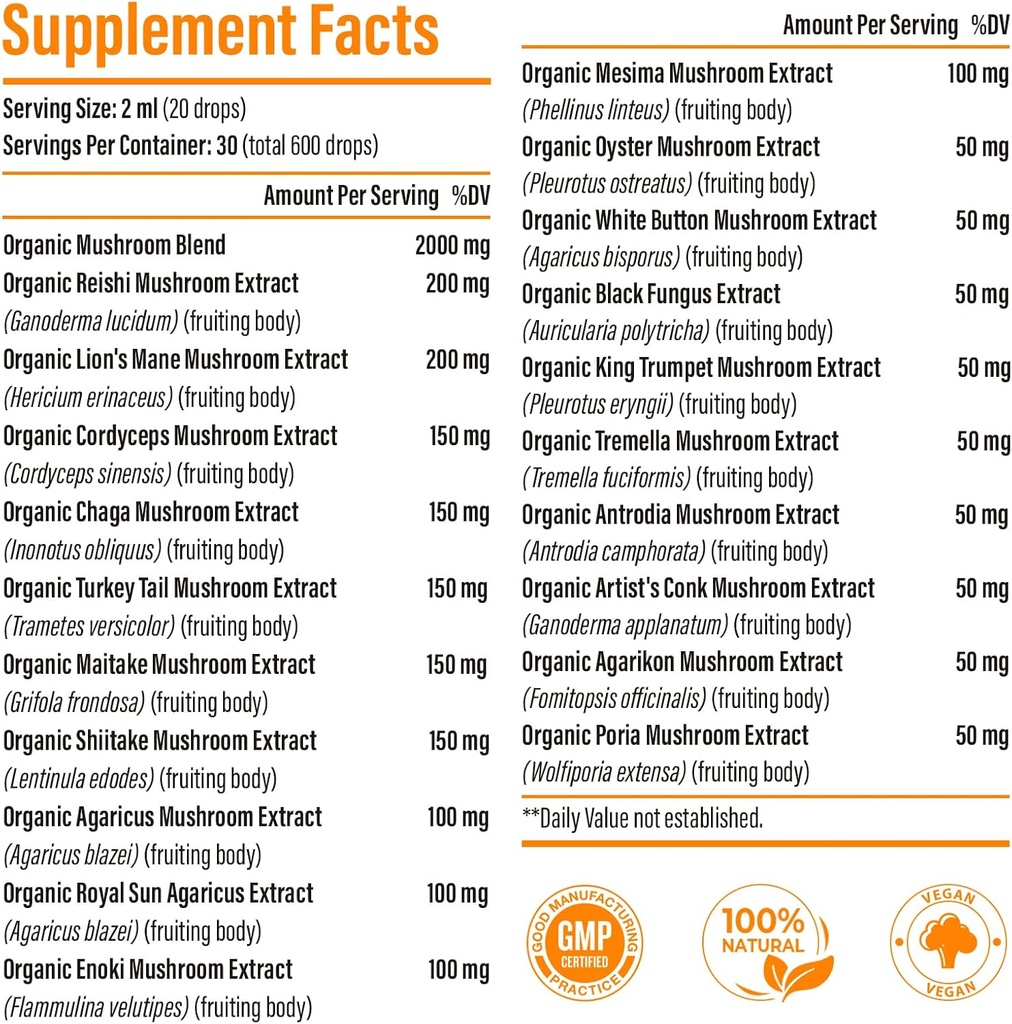 Liposomal Mushroom Complex Drops 2000 MG - 20 Organic Mushroom Extracts - Advanced Liquid Formula for Immunity, Cognitive and Memory - Lions Mane Supplement, Reishi, Cordyceps, Chaga, 90 Servings 3