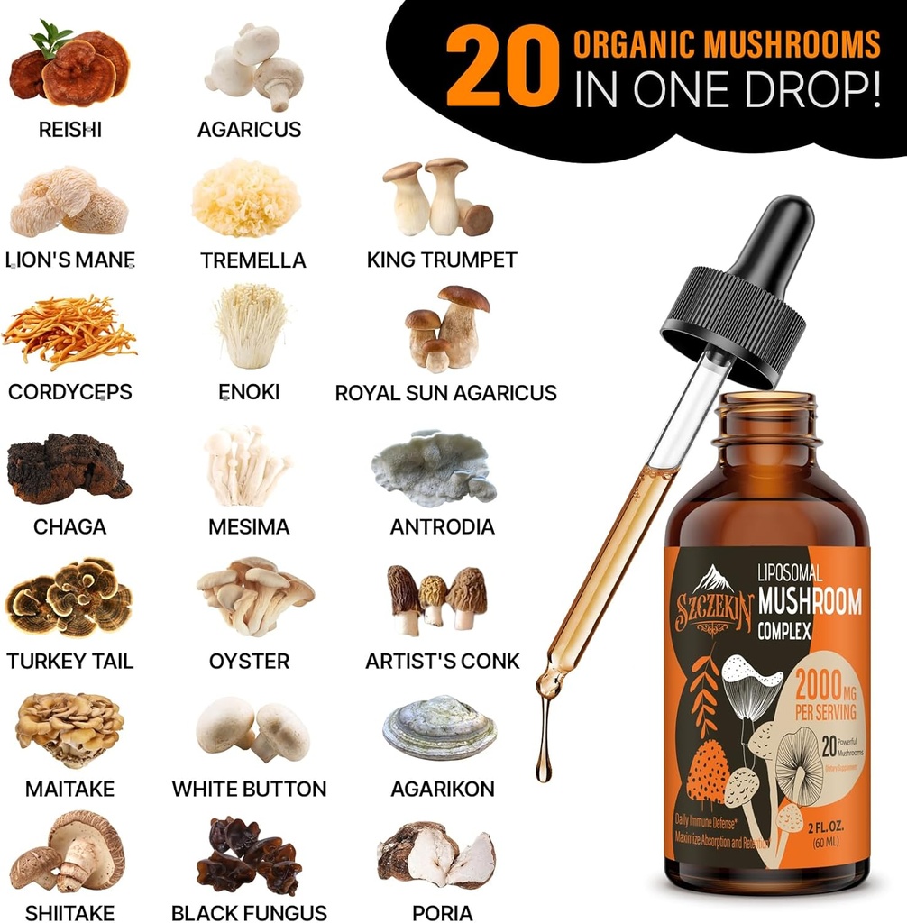 Liposomal Mushroom Complex Drops 2000 MG - 20 Organic Mushroom Extracts - Advanced Liquid Formula for Immunity, Cognitive and Memory - Lions Mane Supplement, Reishi, Cordyceps, Chaga, 90 Servings 5