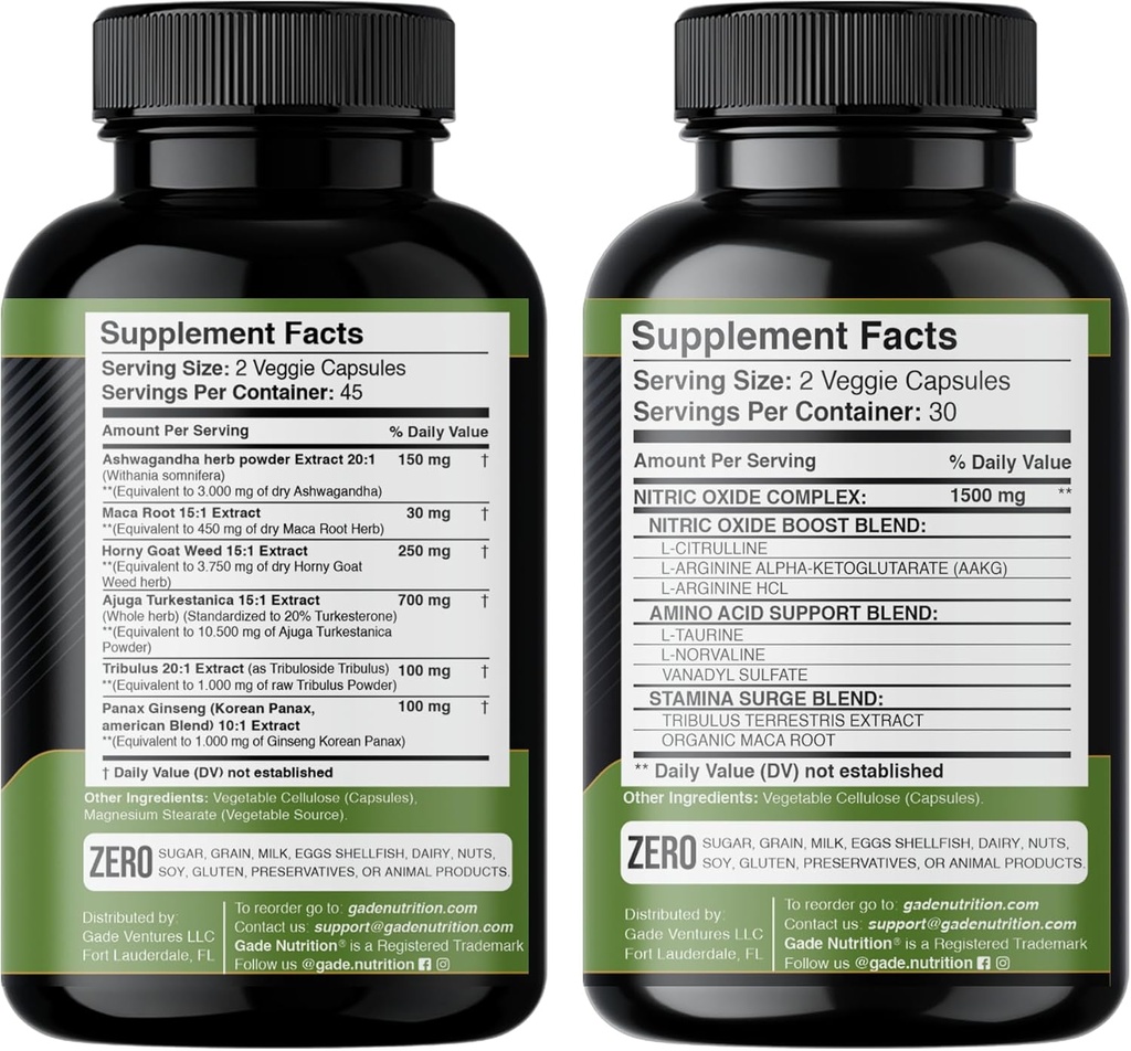 Gade Nutrition Ashwagandha with Maca Root, Horny Goat Weed, Turkesterone, Tribulus Terrestris, Panax Ginseng + Nitric Oxide Booster - Bundle for Energy, Vitality, Performance, Pump 3