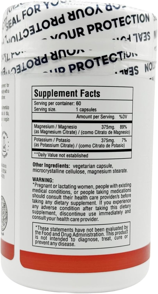 Magnesium Citrate + Potassium 60 Premium Vegan Capsules(Citrate 375 mg) + (375mg Potassium) Non GMO, Gluten Free - High Absorption Supplement Made in USA 5