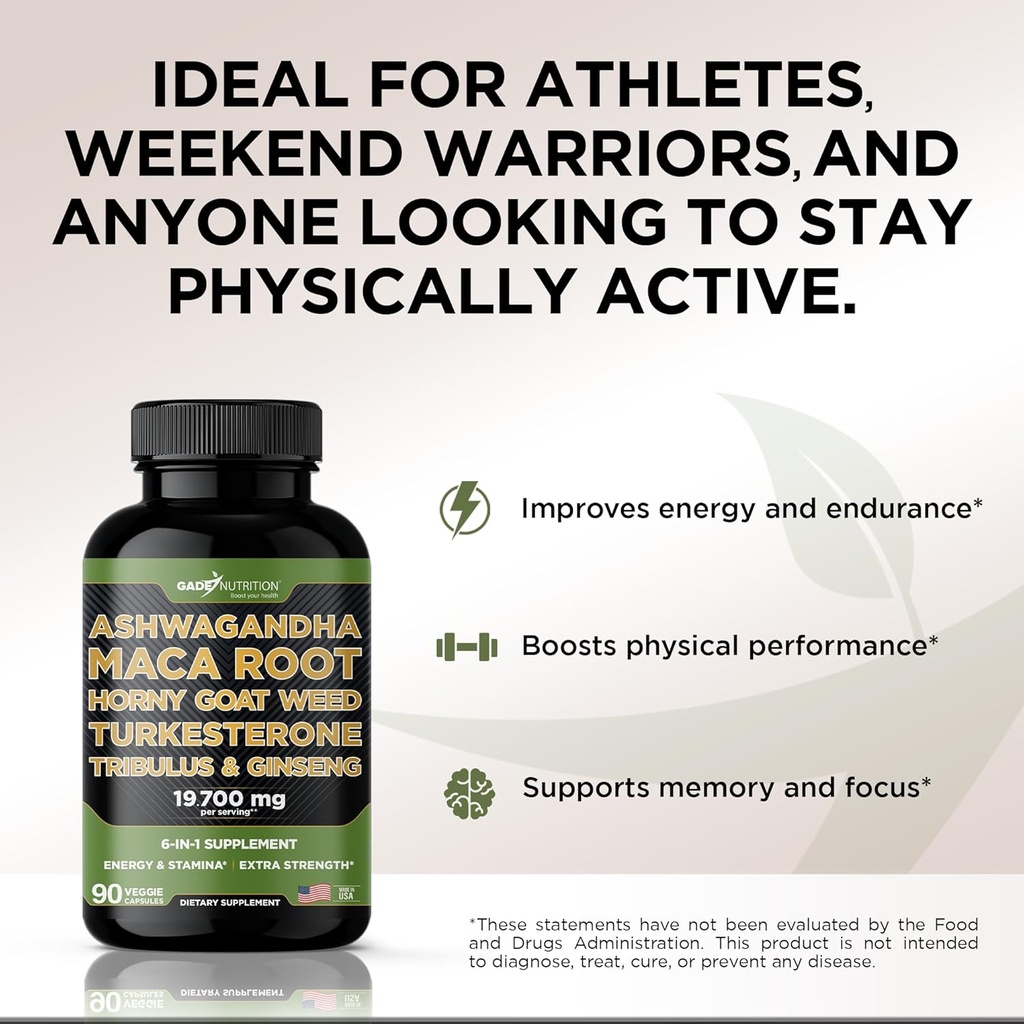 Gade Nutrition Ashwagandha with Maca Root, Horny Goat Weed, Turkesterone, Tribulus Terrestris, Panax Ginseng + Nitric Oxide Booster - Bundle for Energy, Vitality, Performance, Pump 6