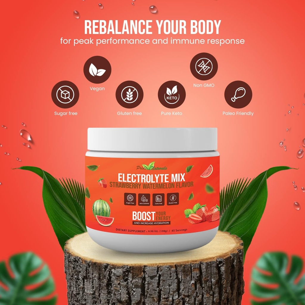 Electrolyte Powder - Refreshing Workout Recovery Electrolytes, Sugar Free, Gluten Free & Vegan, Pure Keto & Paleo Hydration Beverage, Immune Boosting Vitamins (198 Grams, Strawberry Watermelon) 5