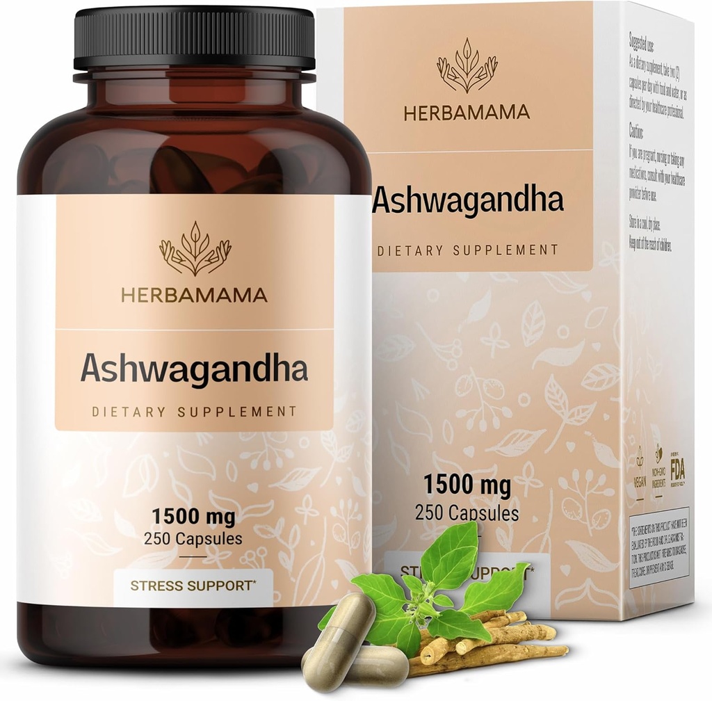 HERBAMAMA Ashwagandha Capsules - 1500mg Pure Ashwagandha Root for Relaxation & Mood Support - Vegan, Non-GMO Focus & Calming Supplement for Adults, 250 Caps 2
