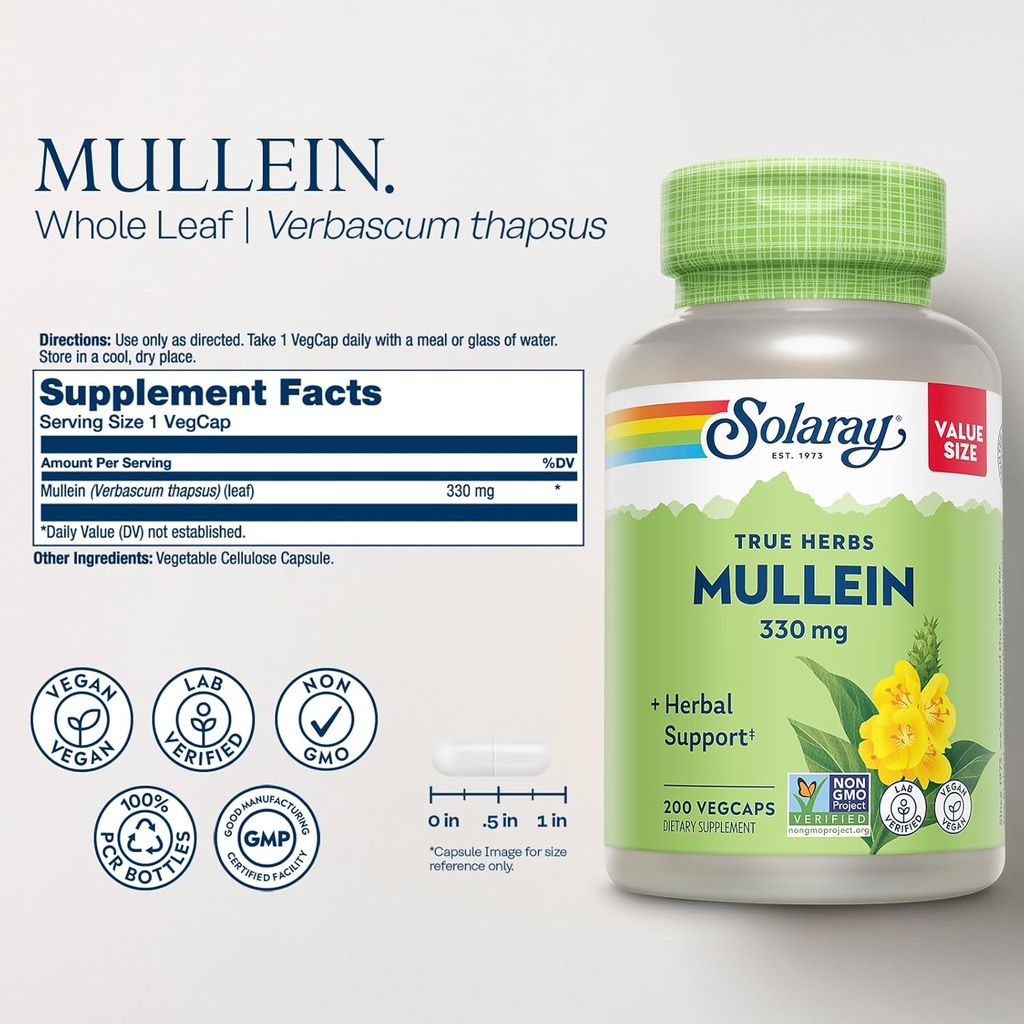 Solaray Mullein Leaf 330 mg - Soothing Herbal Support - Mullein Capsules Traditionally Used to Support Health and Wellness - Vegan, Non-GMO, Lab Verified, 60-Day Guarantee, 200 Servings, 200 VegCaps 3