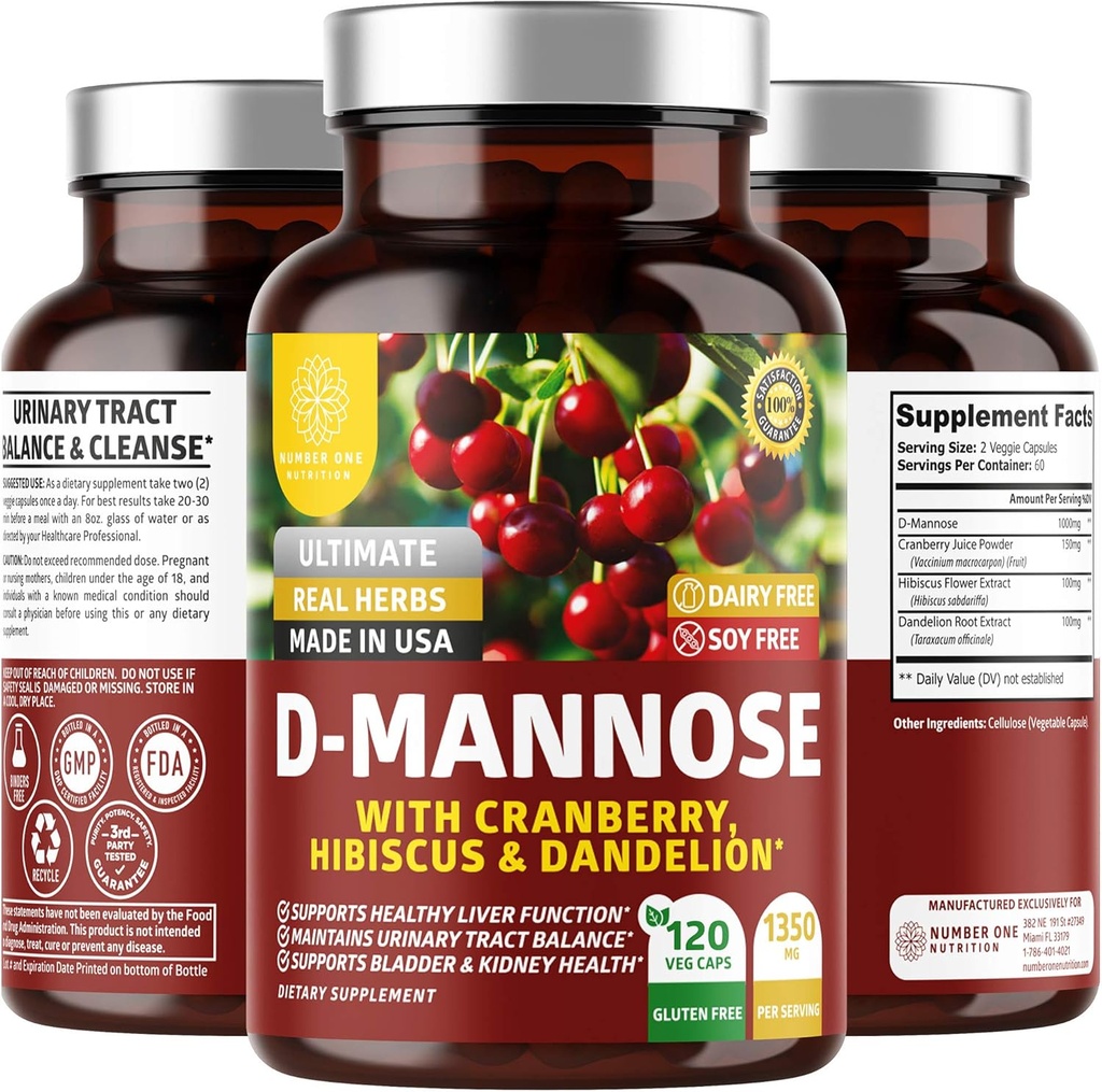 Number One Nutrition Premium D Mannose Supplement for Women and Men [Max Strength, 1350MG] Natural D-Mannose with Cranberry, Hibiscus and Dandelion for Urinary Tract Health, 120 Count 2
