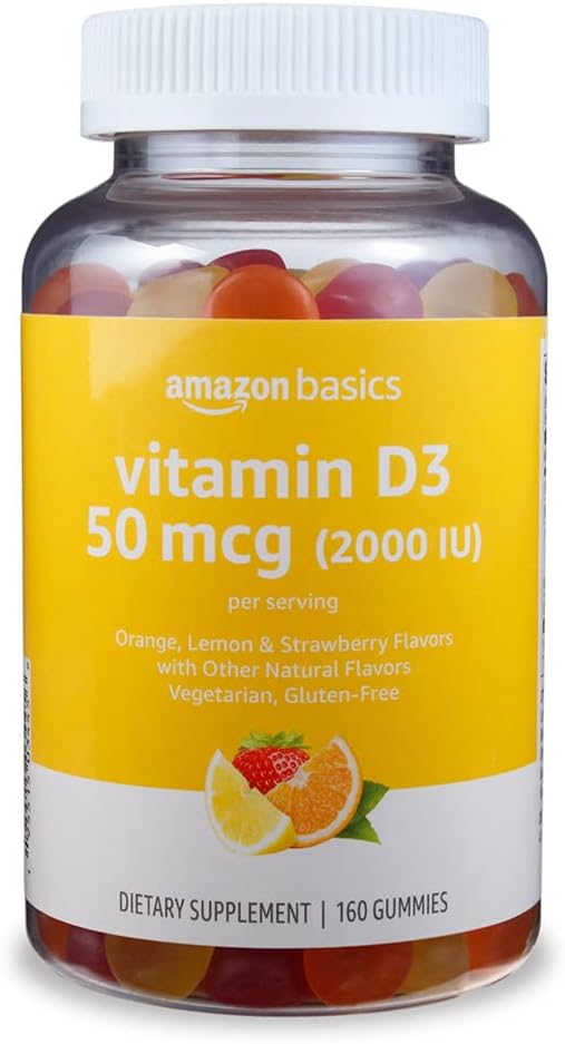 Basics Vitamin D3 2000 IU Gummies, Orange, Lemon & Strawberry, 160 Count (2 per Serving) (Previously Solimo) (Pack of 2) 2
