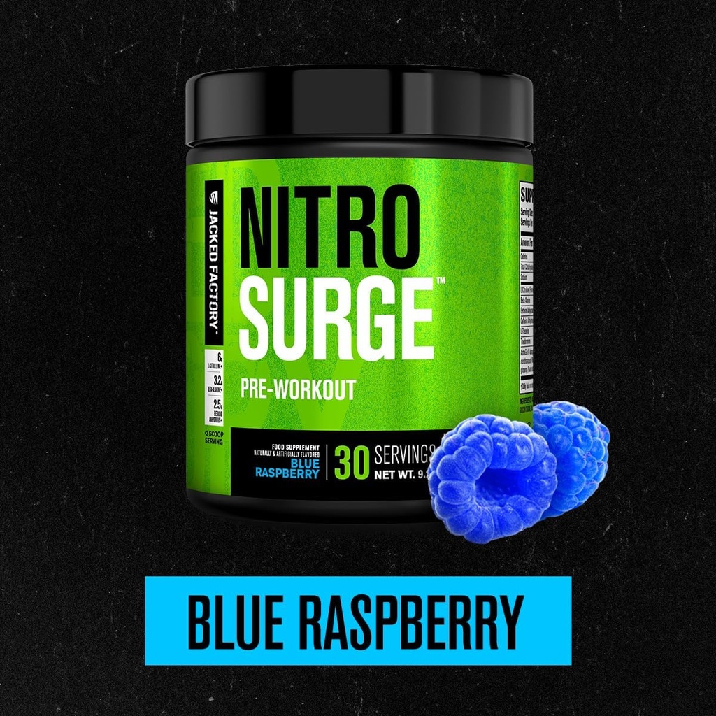 Jacked Factory NITROSURGE Pre Workout Supplement - Energy Booster, Instant Strength Gains, Clear Focus & Intense Pumps - NO Booster & Powerful Preworkout Energy Powder - 30 Servings, Blue Raspberry 3