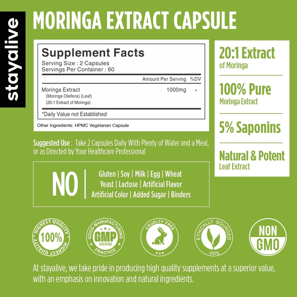 STAY ALIVE Moringa Capsules 1000mg, 20:1 Extract, 120 Pills, Green Superfood with Extra Strength, 100% Pure Oleifera Leaf Powder, 2 Months Supply, All Natural, Non-GMO & Gluten Free Moringa Supplement 3