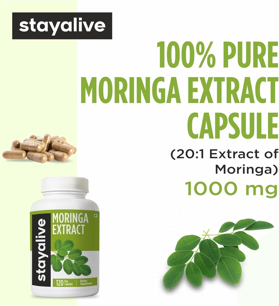 STAY ALIVE Moringa Capsules 1000mg, 20:1 Extract, 120 Pills, Green Superfood with Extra Strength, 100% Pure Oleifera Leaf Powder, 2 Months Supply, All Natural, Non-GMO & Gluten Free Moringa Supplement 4
