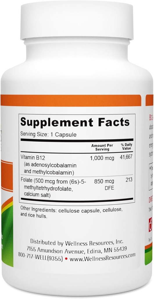 Wellness Resources B12 and Folate Supplement - Methyl B12 1000 & Methylated Folate for High Absorption, Gluten Free, Immune Support Supplement, B12 and Folate for MTHFR, 5-MTHF 6