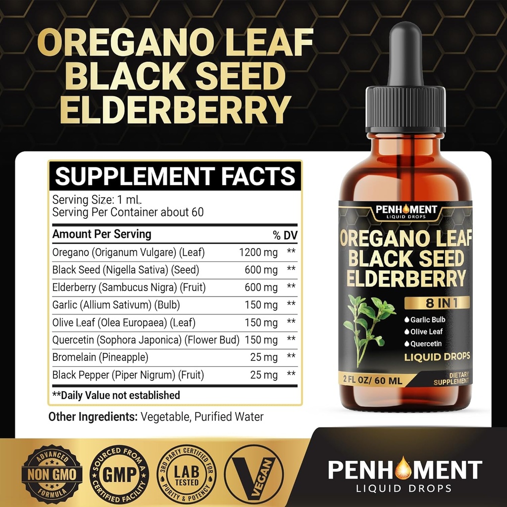 8in1 2900mg Oil of Oregano Drops with Black Seed Oil Liquid | Contains Carvacrol | Garlic, Elderberry, Olive Leaf, Quercetin, Bromelain - 2 Fl Oz 3