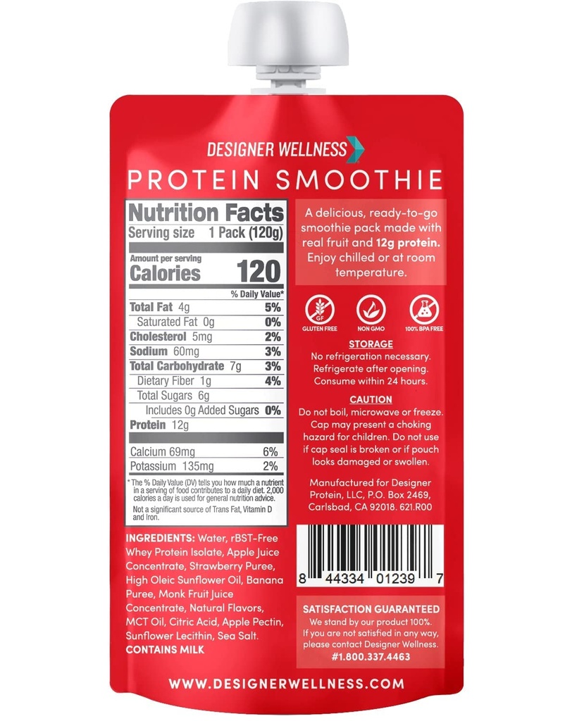 Designer Wellness Protein Smoothie, Real Fruit, 12g Protein, Low Carb, Zero Added Sugar, Gluten-Free, Non-GMO, No Artificial Colors or Flavors, Strawberry Banana, 12 Count 3
