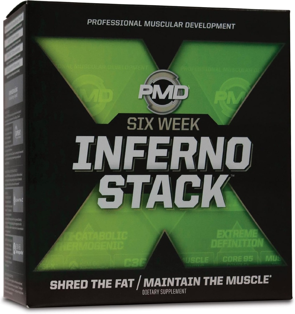 PMD Sports Six Week Inferno Stack - Maximum Strength Fat Burner and CLA Omega Fatty Acid to Lose Fat Fast and Increase Muscle Tone - Arsenal X Inferno/120 Liquid Gels, Omega Cuts Elite/180 Softgels 2