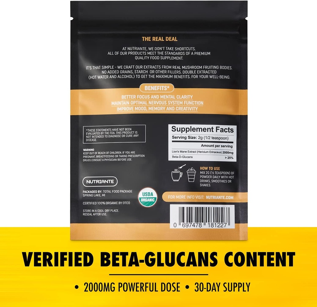 Premium USDA Organic Lions Mane Extract Powder – Pure Nootropic Mushroom Supplement for Focus, Memory, Nerve & Immune Support – 15:1 Dual Extract, Vegan, Gluten-Free, Non-GMO by Nutriante, 2.12 Oz 6