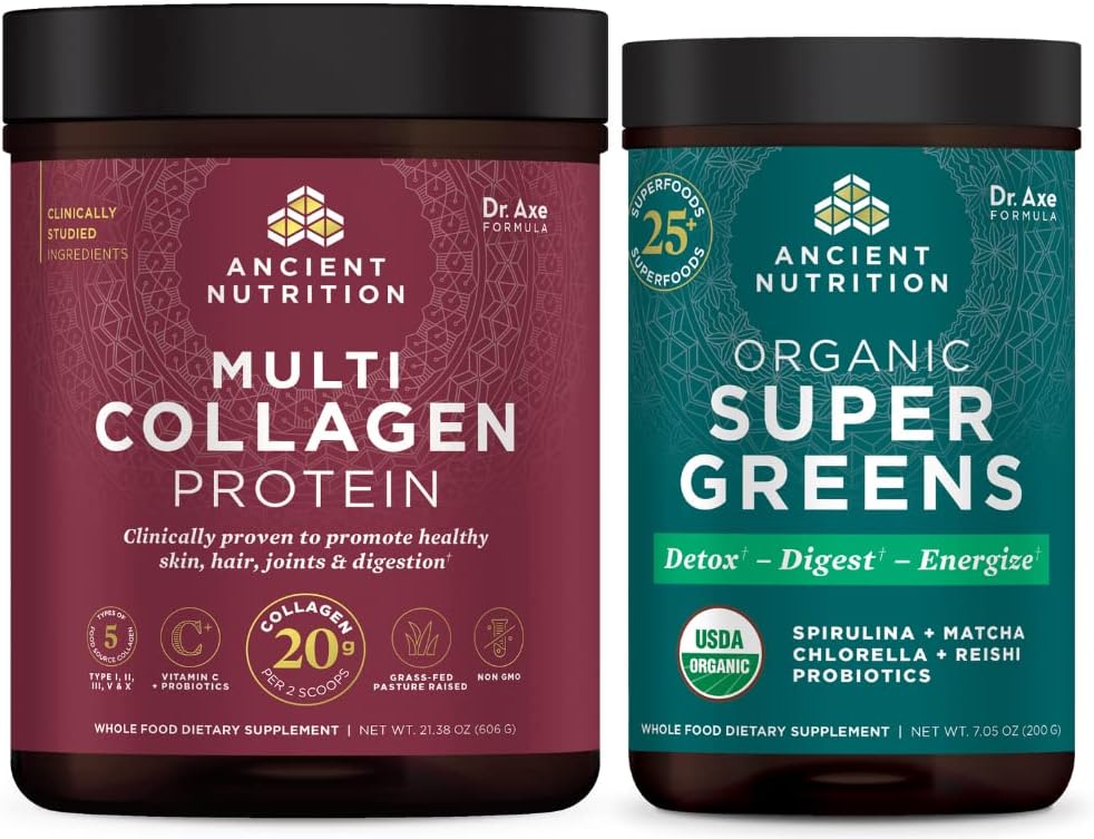 Ancient Nutrition Multi Collagen Protein Powder, Unflavored, 60 Servings + Supergreens Powder, Greens Flavor, 25 Servings 2