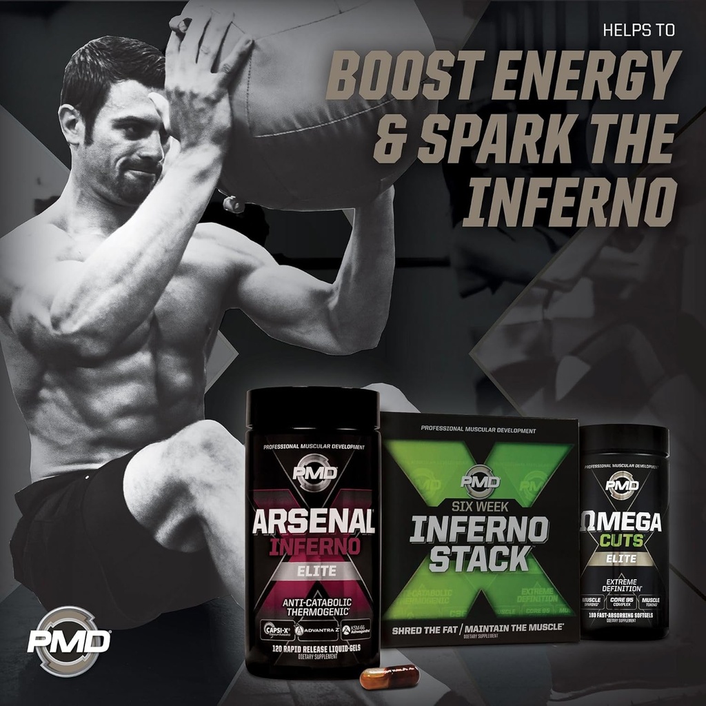 PMD Sports Six Week Inferno Stack - Maximum Strength Fat Burner and CLA Omega Fatty Acid to Lose Fat Fast and Increase Muscle Tone - Arsenal X Inferno/120 Liquid Gels, Omega Cuts Elite/180 Softgels 6