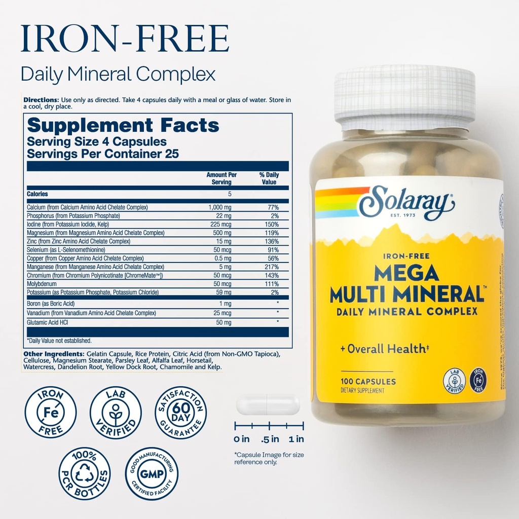 SOLARAY Mega Multi Mineral, Iron Free - Daily Mineral Supplement w/Trace Minerals, Electrolytes, Calcium, Magnesium, Zinc, Selenium, Boron - Cellular Energy, Immune Support, 60-Day Guarantee, 25 Serv 3