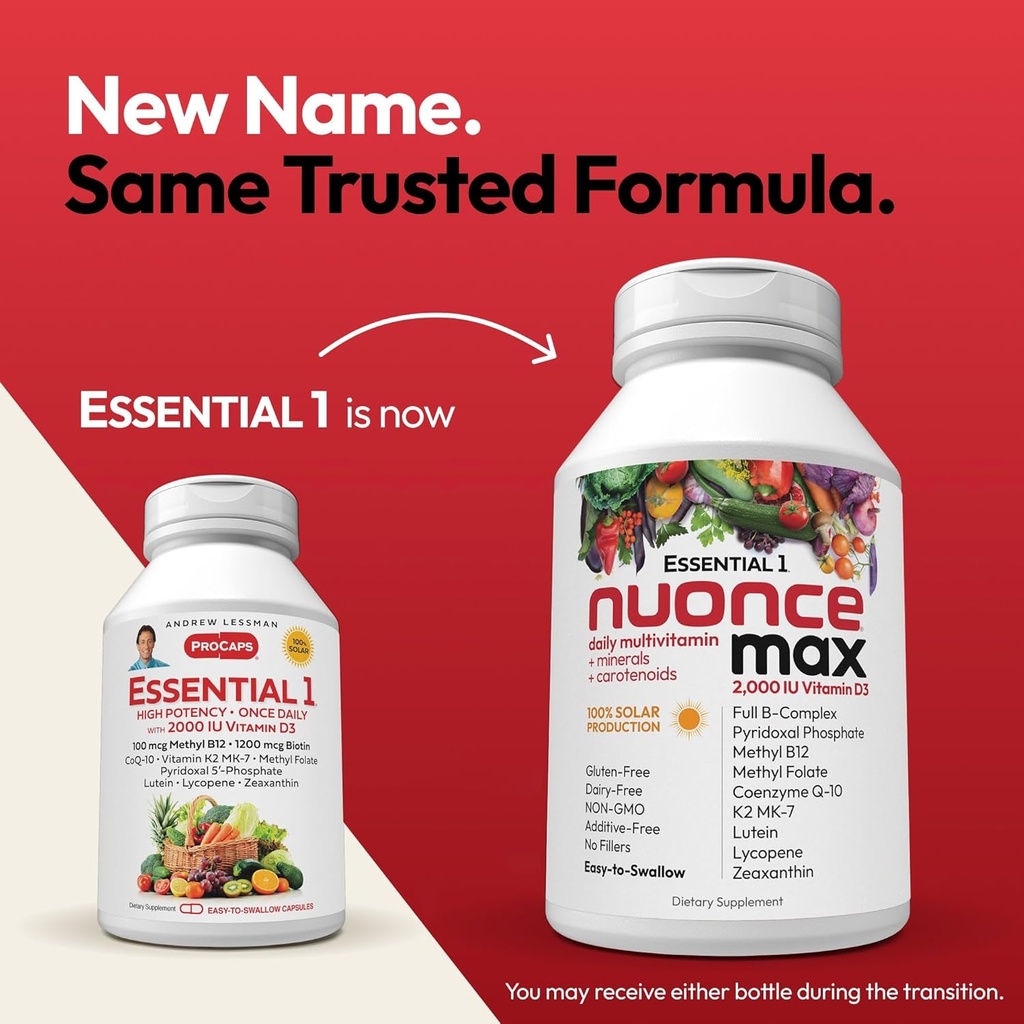 ANDREW LESSMAN Essential-1 nuonce max Multivitamin 2000 IU Vitamin D3 180 Small Capsules. 100 mcg Methyl B12. CoQ10 Lutein Lycopene Zeaxanthin. High Potency. No Additives. Ultra-Mild One Daily Capsule 3
