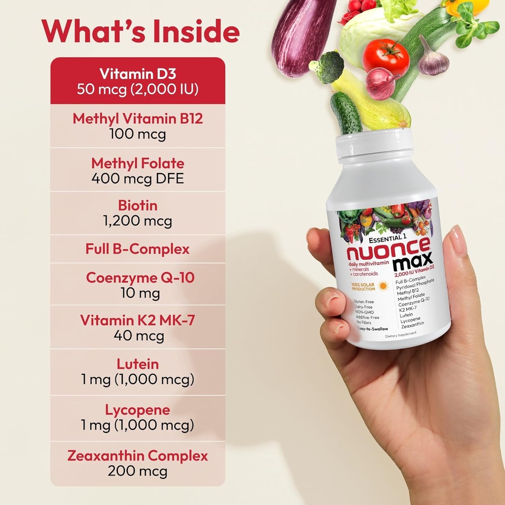 ANDREW LESSMAN Essential-1 nuonce max Multivitamin 2000 IU Vitamin D3 180 Small Capsules. 100 mcg Methyl B12. CoQ10 Lutein Lycopene Zeaxanthin. High Potency. No Additives. Ultra-Mild One Daily Capsule 5
