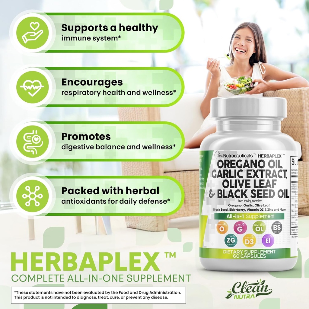Clean Nutraceuticals Oregano Oil Garlic Extract Olive Leaf Black Seed Oil - Immune Support & Digestive Health Supplement for Women and Men with Vitamin D3 & Zinc - 3Pack 6