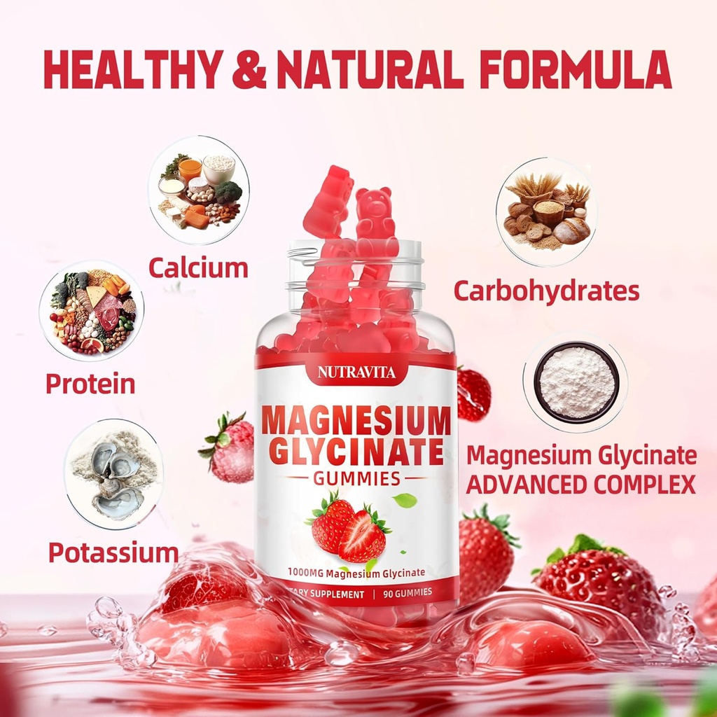 Magnesium Glycinate Gummies 1000mg with L-Threonate,Chelated Magnesium Potassium Complex Supplement with VitD, B6, CoQ10, Calcium,Supports for Memory, Calm, Mood - 180 Gummies Strawberry 3