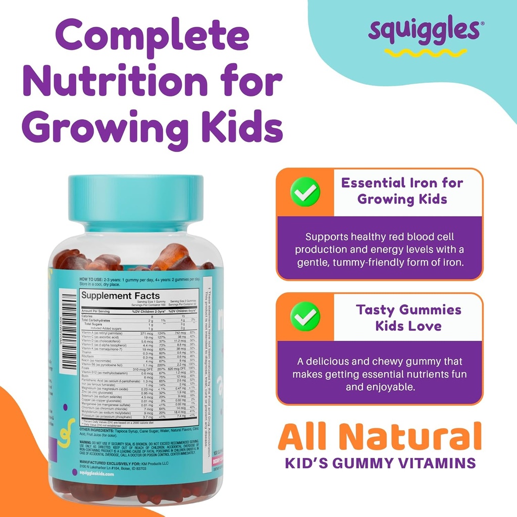 Squiggles Kids Multivitamin + Iron Gummies - Low Sugar Gummy Vitamins with Iron Supplements for Kids - Broad Spectrum of Vitamins and Minerals, Chewy, Yummy Berry Flavor (100 Count) 5