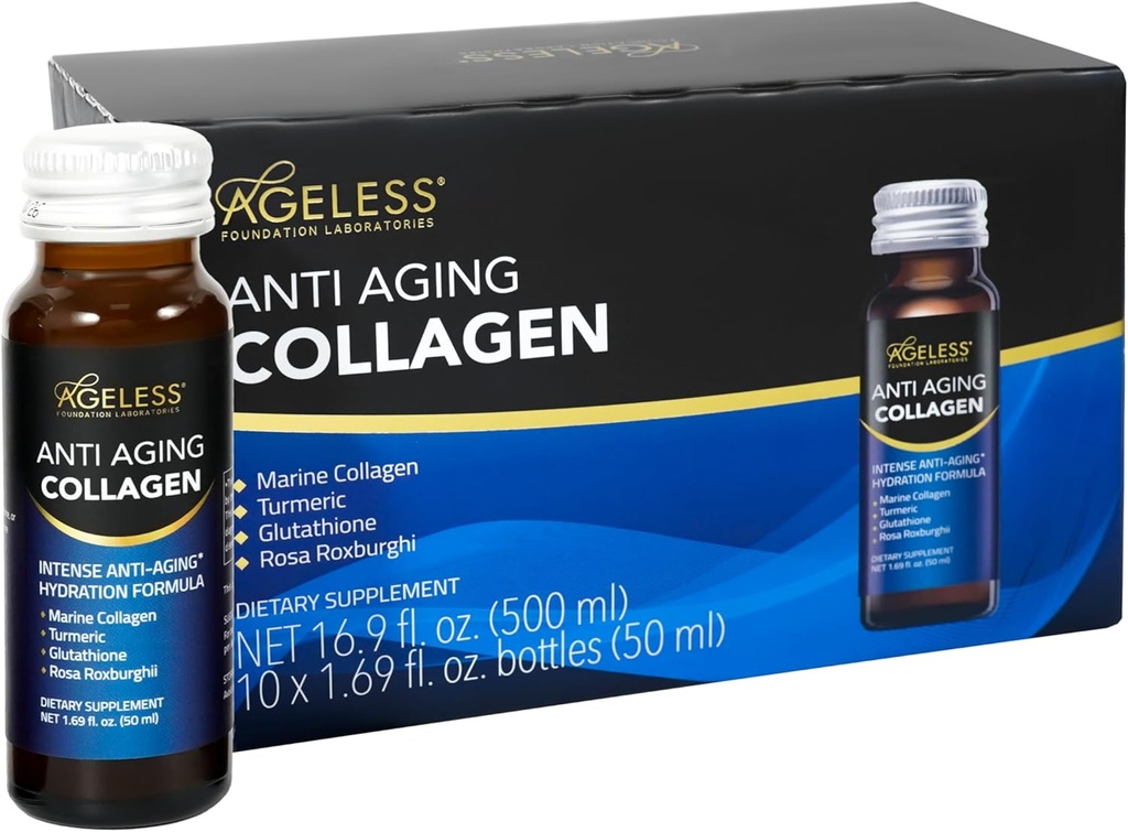 Ageless Ultra Anti Aging Liquid Collagen for Men & Women, Marine Collagen, Turmeric, Glutathione, and Rosa Roxburghii, Multi Vitamins, Skincare, Hydrating & Revitalizing Formula - 50 ml (10 Count) 2