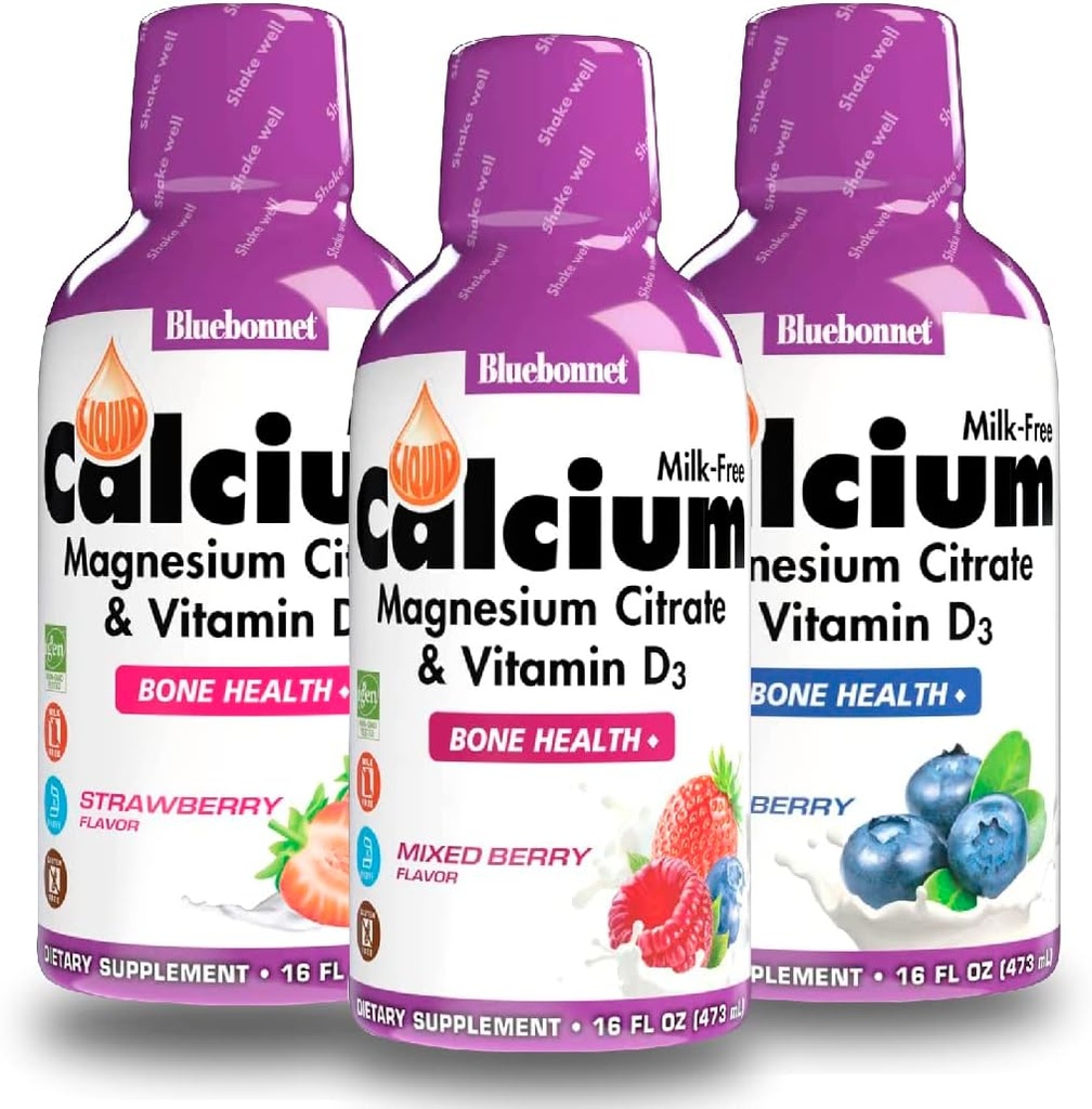 Bluebonnet Nutrition Liquid Calcium Citrate Magnesium Citrate, Vitamin D3 - Bundle of Blueberry, Strawberry and Mix Berry Flavor, 3 Bottle of 16 Fl Oz Each (48 Fl Oz Total) 2