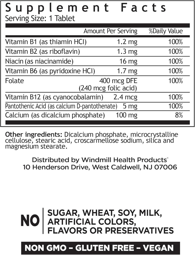 Windmill Natural Vitamins B Complex (100% Daily Value), Boost Energy Production and Promote Metabolism, 100 Tablets, 100 Servings 3