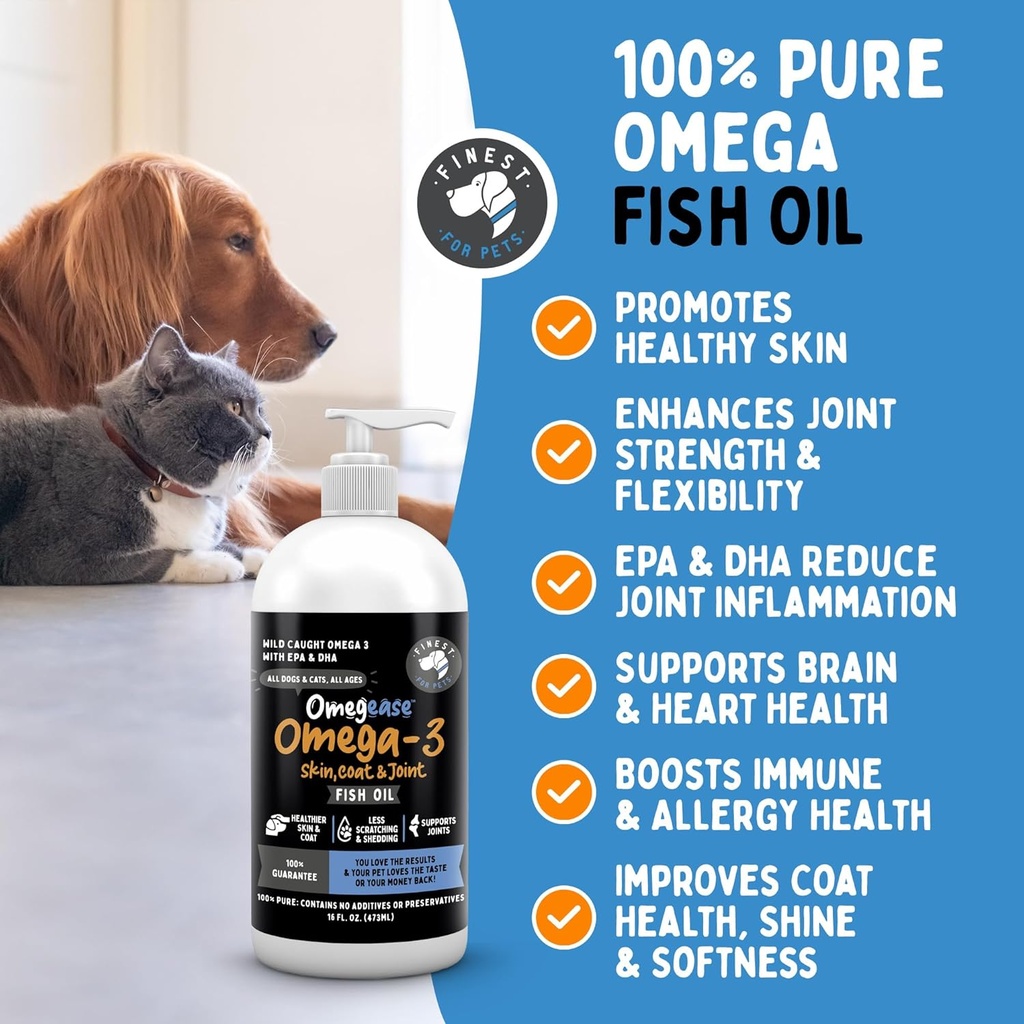 Omegease Fish Oil for Dogs & Cats - Finest for Pets Omega 3 for Cats & Dogs - Supplement for Skin & Coat, Itching, Shedding, Joints & Immune Health - 100% Pure Omega Fish Oil with EPA & DHA (8 oz) 3