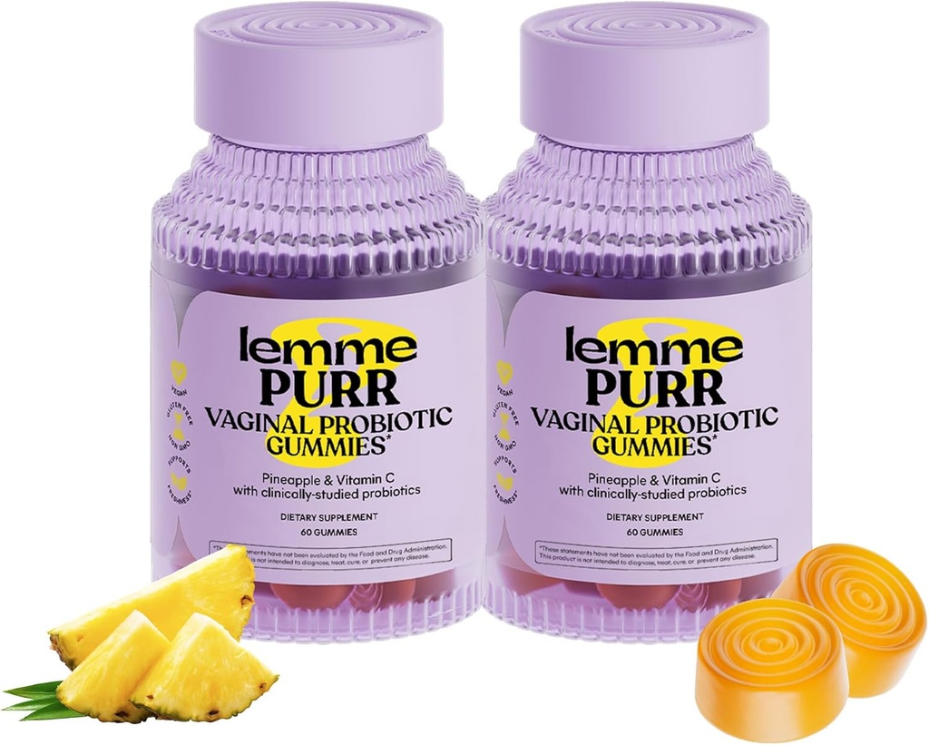 Lemme Purr Vaginal Probiotic Gummies for Women - Balanced pH, Healthy Odor, Yeast Balance & Flora Support + Vitamin C for Immune Health - Tasty Pineapple (60 Count) (Pack of 2) 2