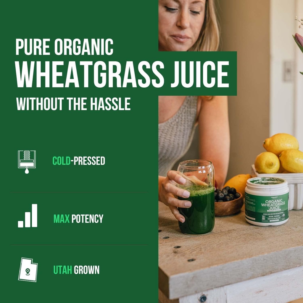 Organic Wheatgrass Juice Powder - Organic, Grown in Volcanic Soil of Utah - Raw BioActive Form, Cold-Pressed Then CO2 Dried, 20:1 Concentrate Juice Extract - Unflavored (5.3 oz – 60 Servings) 3