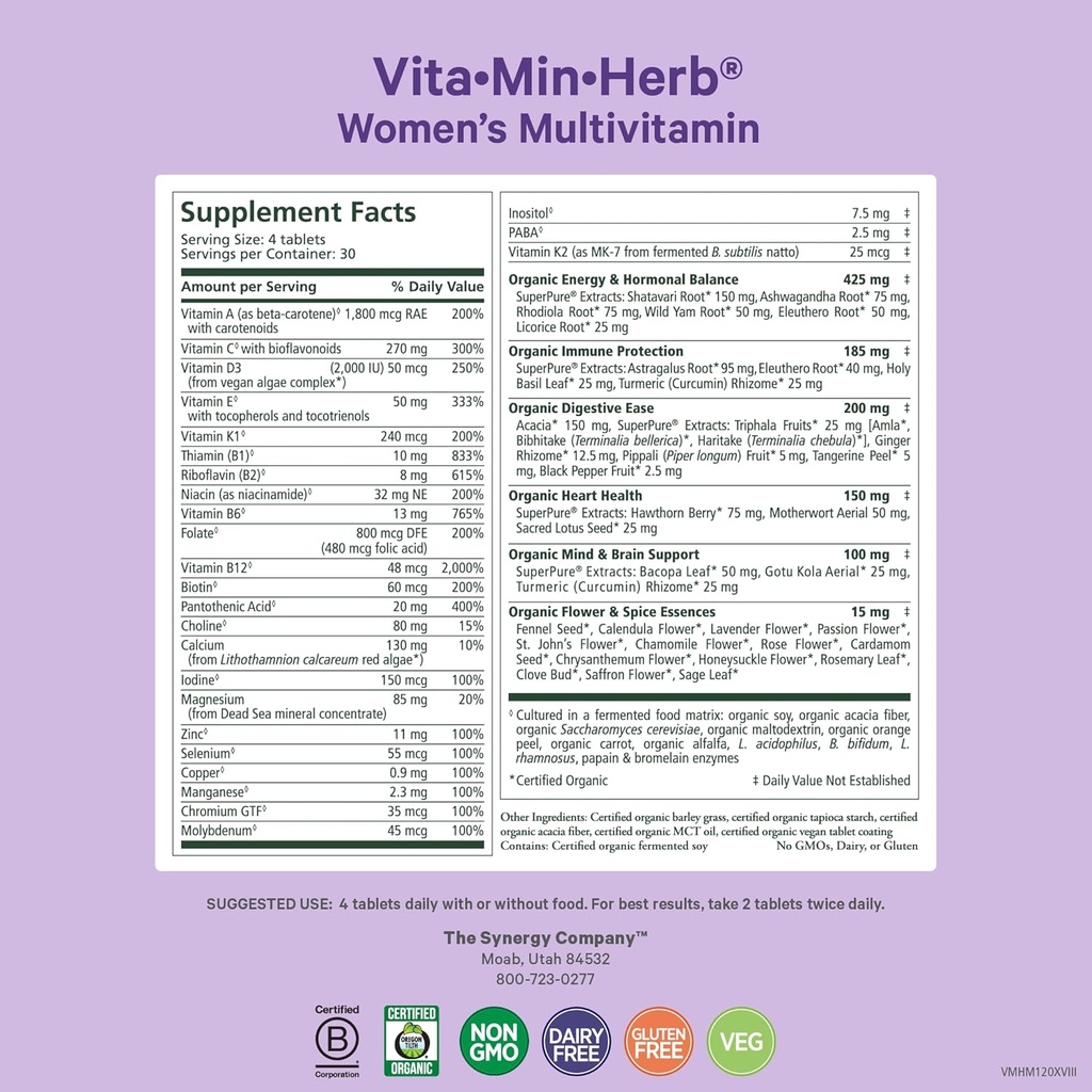 PURE SYNERGY Vita·Min·Herb for Women | Women’s Comprehensive Multivitamin Supplement | Made with Organic Whole Food Non-GMO & Vegan Ingredients | Supports Energy & Immune Health (120 Tablets) 3