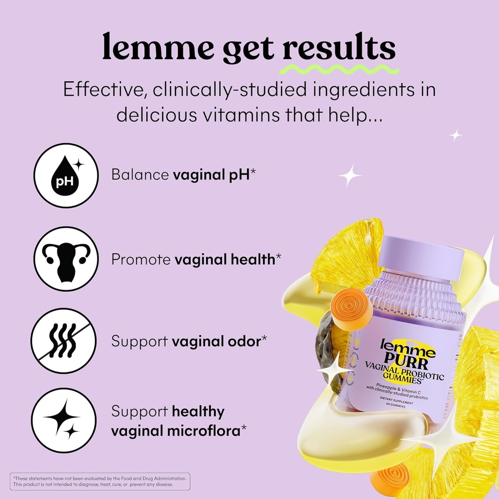 Lemme Purr Vaginal Probiotic Gummies for Women - Balanced pH, Healthy Odor, Yeast Balance & Flora Support + Vitamin C for Immune Health - Tasty Pineapple (60 Count) (Pack of 2) 3