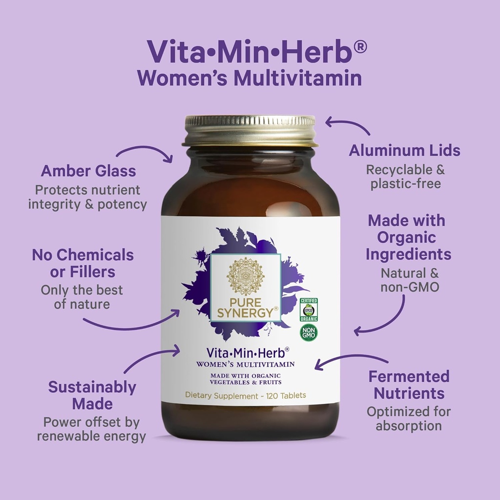 PURE SYNERGY Vita·Min·Herb for Women | Women’s Comprehensive Multivitamin Supplement | Made with Organic Whole Food Non-GMO & Vegan Ingredients | Supports Energy & Immune Health (120 Tablets) 4
