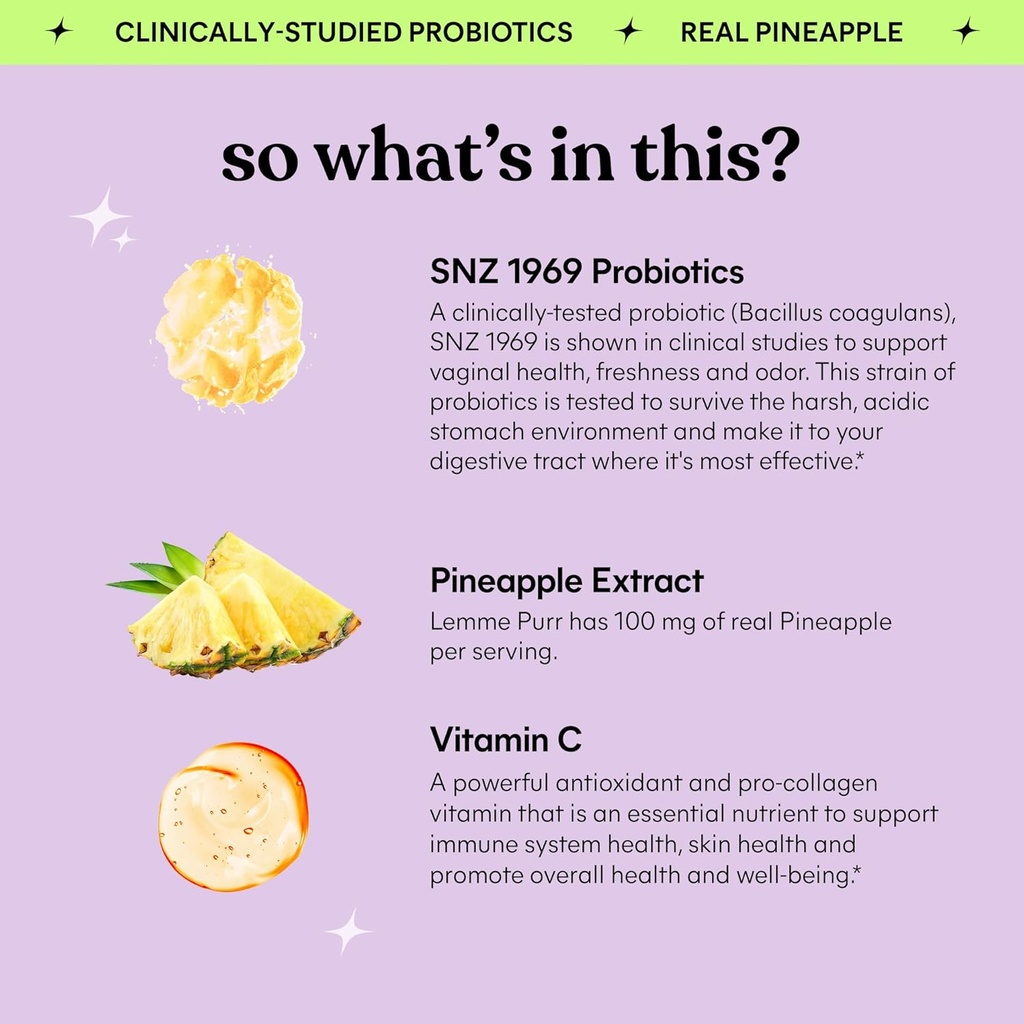 Lemme Purr Vaginal Probiotic Gummies for Women - Balanced pH, Healthy Odor, Yeast Balance & Flora Support + Vitamin C for Immune Health - Tasty Pineapple (60 Count) (Pack of 2) 4