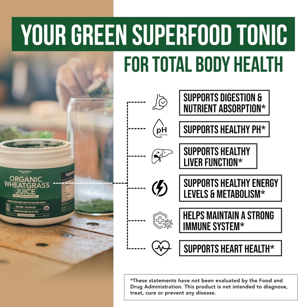 Organic Wheatgrass Juice Powder - Organic, Grown in Volcanic Soil of Utah - Raw BioActive Form, Cold-Pressed Then CO2 Dried, 20:1 Concentrate Juice Extract - Unflavored (5.3 oz – 60 Servings) 5