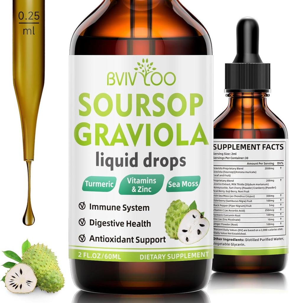 Soursop Graviola Liquid Drops - 2000mg Pure Soursop Extract Blended with 300mg Sea Moss & 100mg Elderberry - Powerful Cell Support, Antioxidant-Rich, Immune-Boosting - 2 Fl Oz (60ml) Bottle 2
