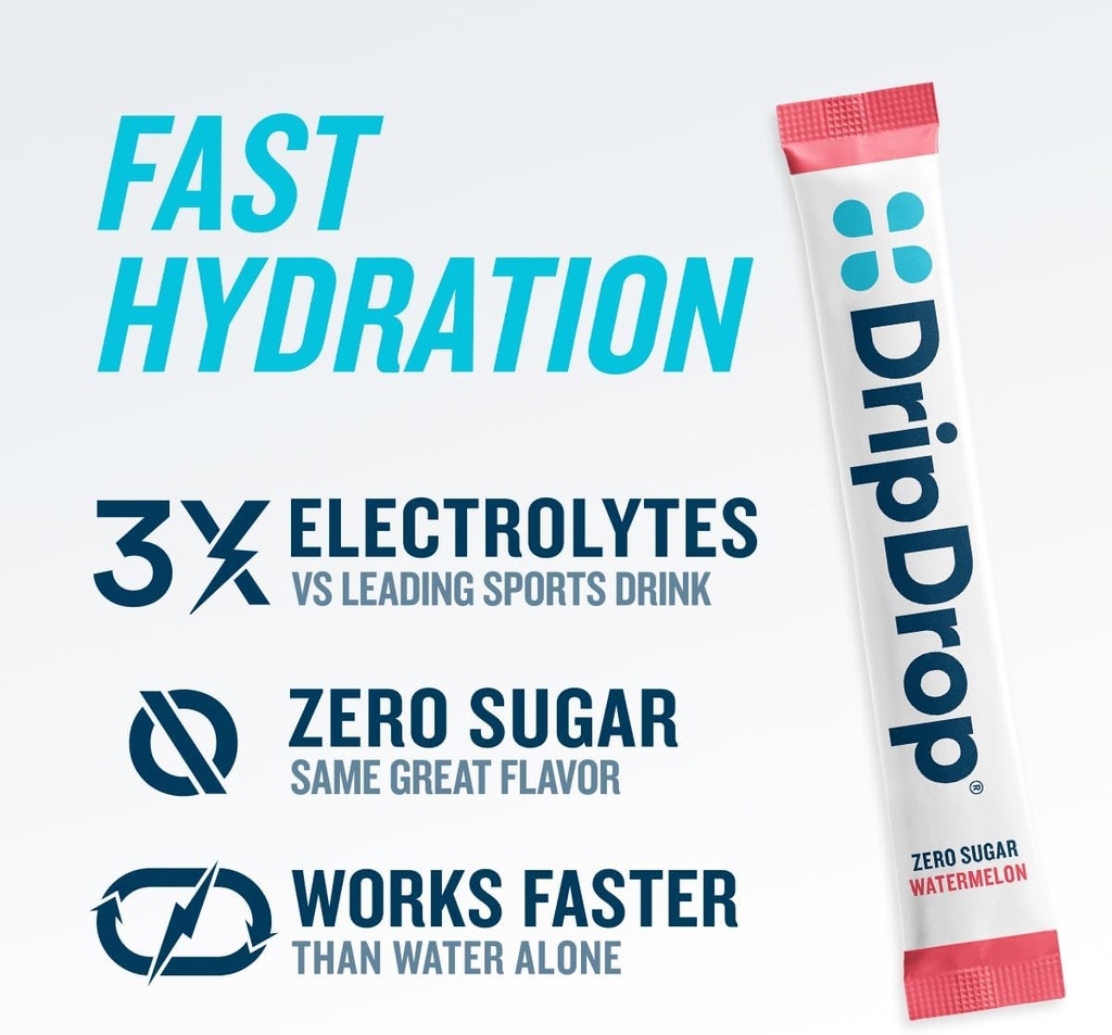 DripDrop Sugar Free Hydration Packets - Zero Classic Variety Pack - Single Serve Electrolytes Powder Drink Mix - Lemon Lime, Watermelon, Peach, Passion Fruit - Non-GMO, Gluten Free, Vegan - 32 Sticks 3