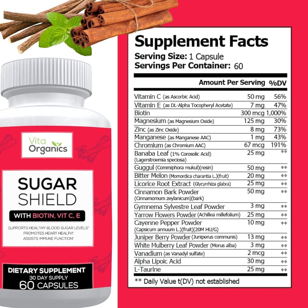 Sugar Shield - Advanced Sugar Support Supplement - Biotin, Magnesium Oxide, Chromium - 60 Veggie Capsules - 30 Days 5
