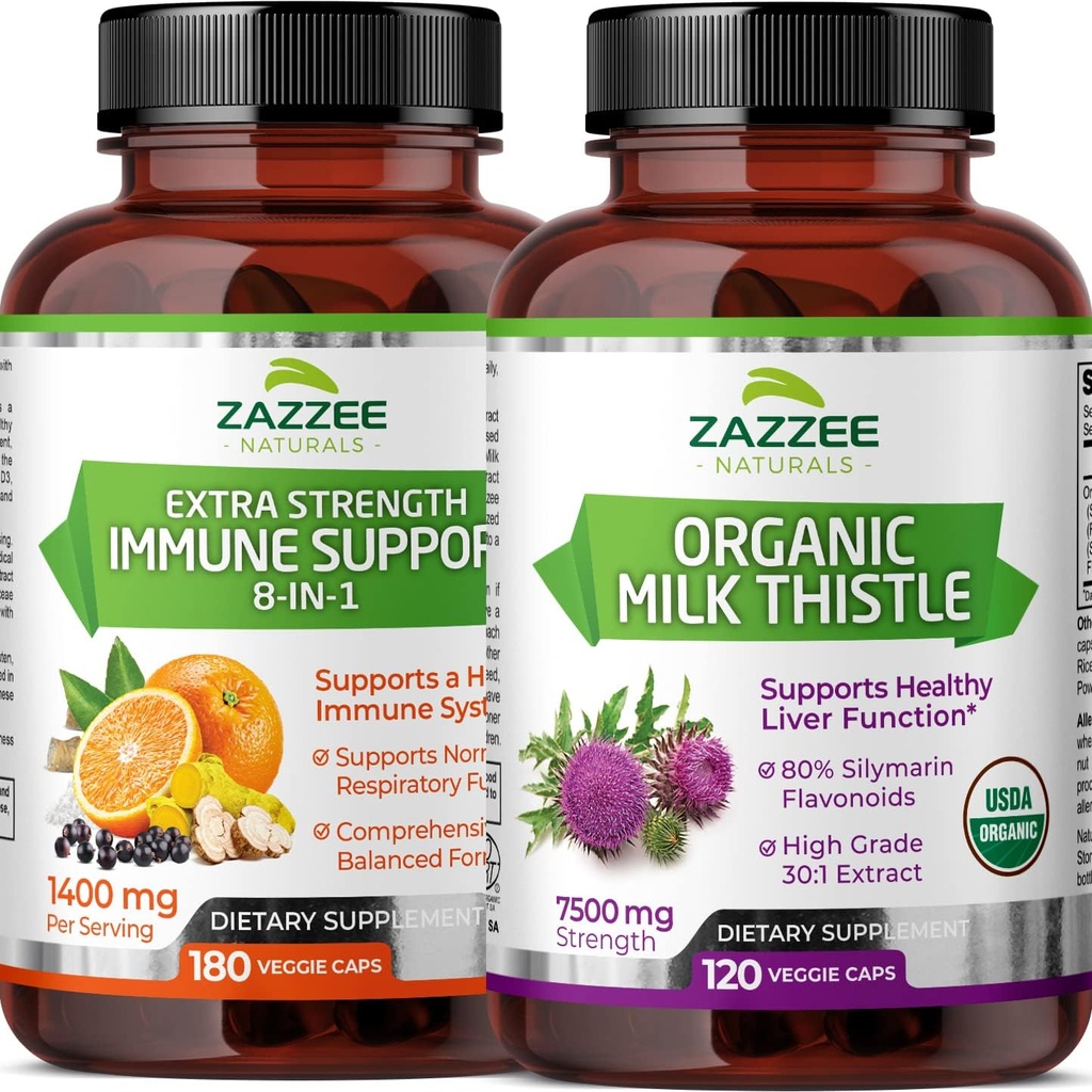 Zazzee USDA Organic Milk Thistle Extract Capsules and Extra Strength 8-in-1 Immune Support Capsules 2