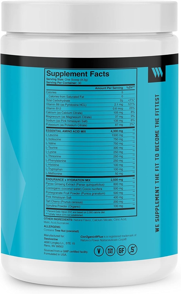Swolverine Intra | Essential Amino Acids, Electrolytes, Coconut Water, Pomegranate, Tart Cherry, Spirulina, Vegan, Non-GMO, Gluten Free (30 Servings, Tropical Blast) 3