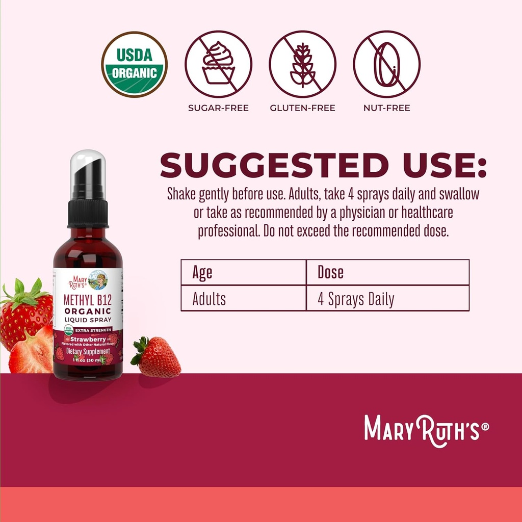 MaryRuth Organics Vitamin B12 Liquid Spray | Vegan, Non-GMO, Gluten-Free | USDA Organic Supplement | Energy & Nervous System Support | B12 Vitamins for Women & Men | 720 mcg | 1 Fl Oz 4