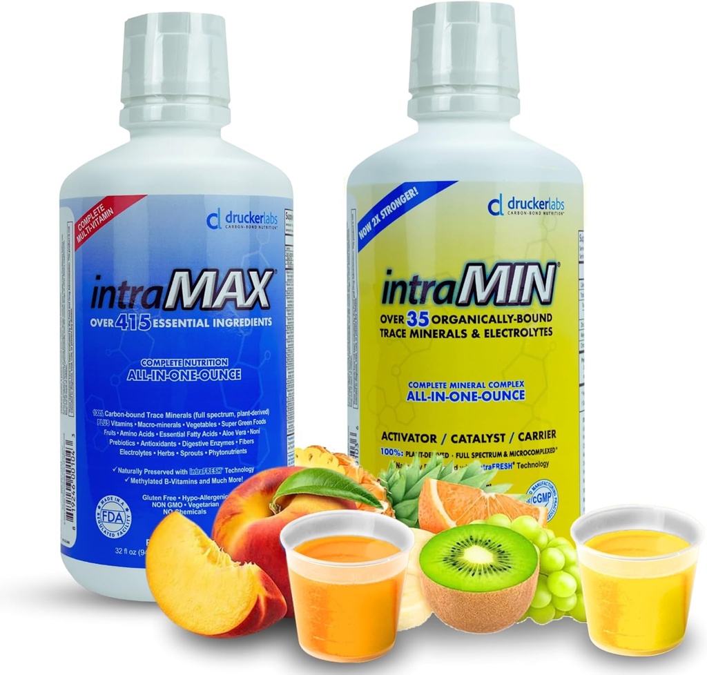 Drucker Labs intraMAX® (Peach Mango) & intraMIN® (Tropical Fruit): All-in-ONE Multivitamin & Mineral Complex (Immune Support, Non-GMO, Dairy-Free, Gluten-Free, Vegetarian, 32 fl oz Each) 2